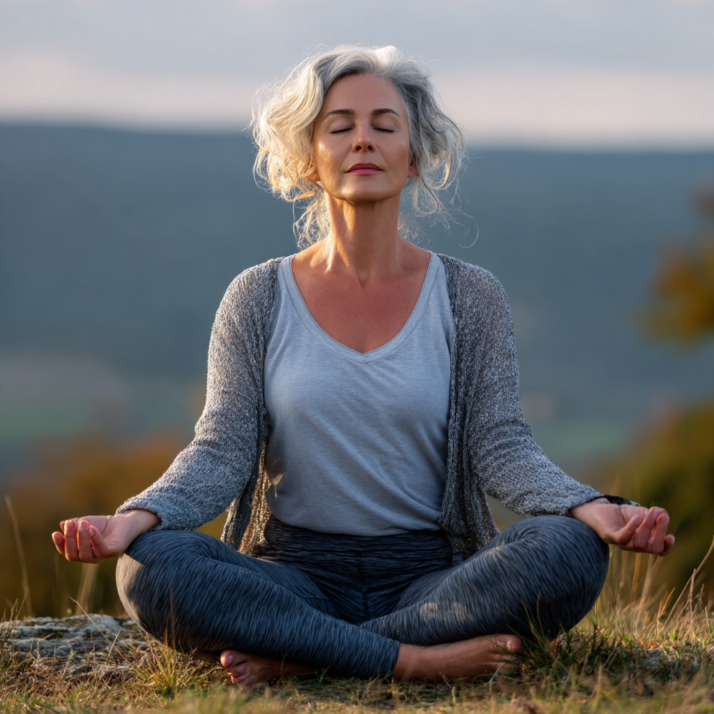 Smiling middle-aged Ukrainian woman practicing gentle yoga poses in a serene natural setting